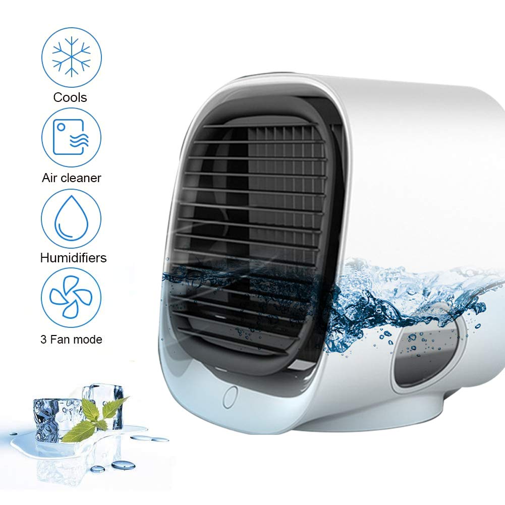 Chłodnica powietrza, mały klimatyzator do pokoju, przenośny klimatyzator, wentylator zasilany USB, wentylator stołowy z chłodzeniem wodnym, dla rodziny, klimatyzacji, podróży (kolor biały)