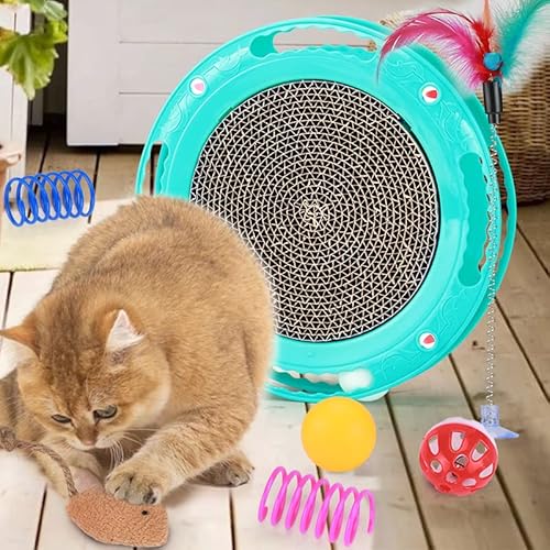 Hanjiangshui 3 In 1 Cat Toy，Cat Scratcher Toy,Cat Ball Toy, Turntable Roller Track With Ball,Cat Toy,Cat Iq Training(1 Pack With 1 Mouse, 1 Cat-Teasing Stick And 2 Spring Play Toy (Lake Blue) #TOP1