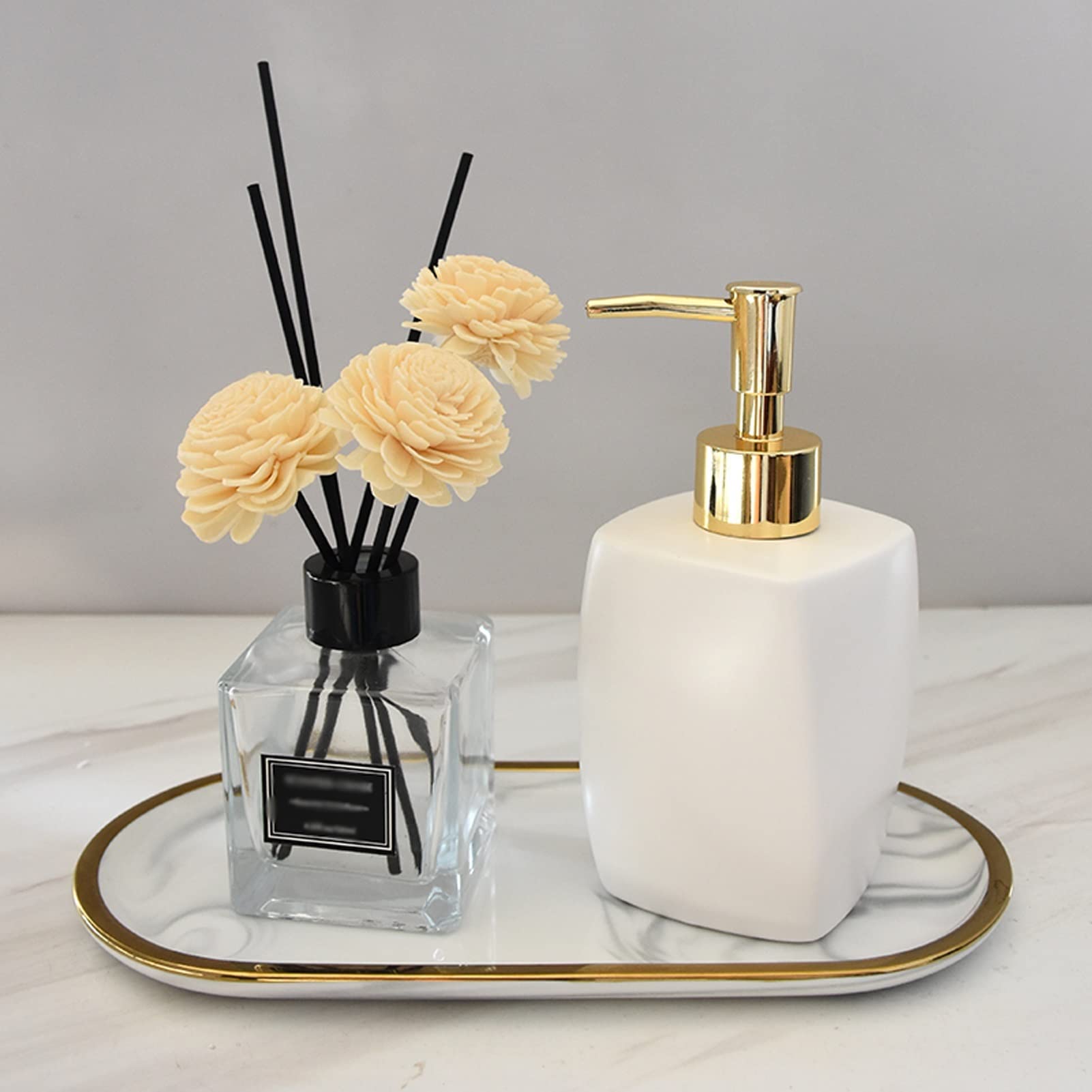 Seifenspender Im Nordischen Stil, Leichter Luxus, Keramik-Seifenspender Mit Pumpflasche, Shampoo-Flasche, 425 Ml, Seifenspender-Tablett, Badezimmer-De(Schwarz)