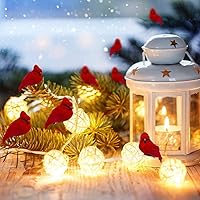 Vista 7 de Adornos de Navidad con clip cardenal, decoraciones navideñas, clips plateados, cuerpos flocados rojos con alas de plumas y cola, 20 piezas