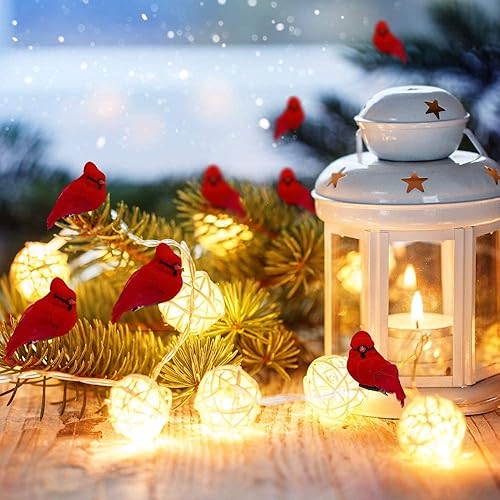 Miniatura 7 de Adornos de Navidad con clip cardenal, decoraciones navideñas, clips plateados, cuerpos flocados rojos con alas de plumas y cola, 20 piezas,