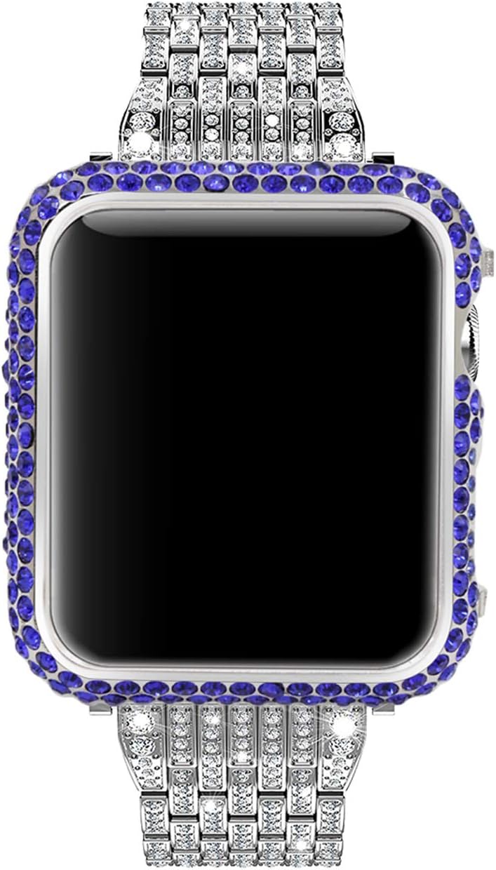 Callancity Crystal Bezel-Bling Bling Big Diamonds Case Compatible with Apple Watch Series 1 Series 2 Series 3 (Platinum with Blue Stones, 42mm)
