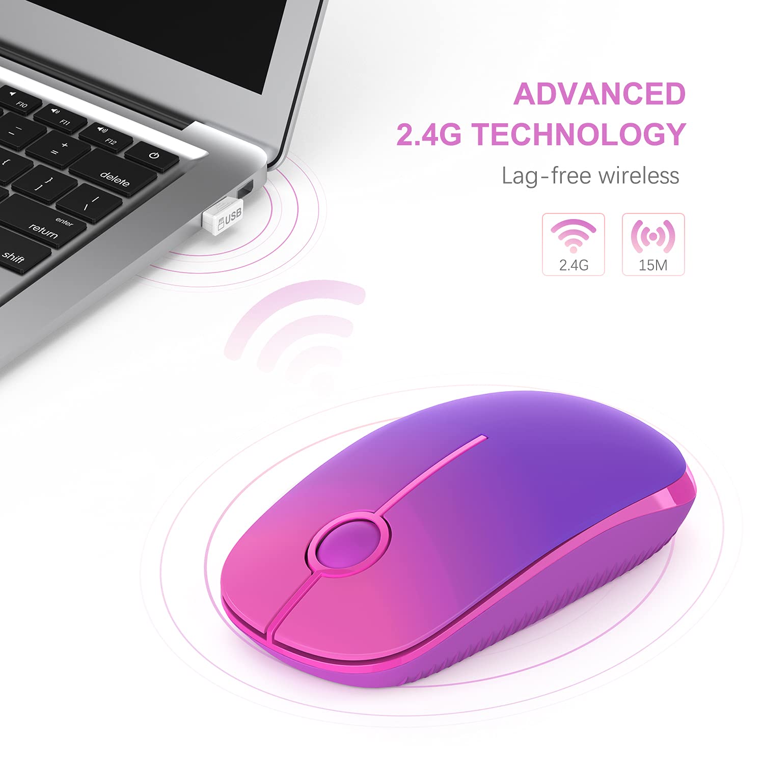 Unipows Ratón inalámbrico - Ratón portátil delgado de 2.4 G con nano receptor, menos ruido, ratones ópticos móviles para laptop, PC, laptop, computadora, Mac (morado degradado)