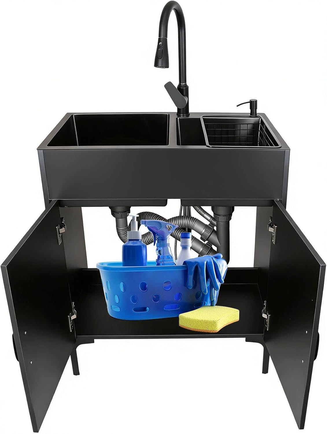 32-Inch Laundry Room Double-Bowl Sink Cabinet, Utility Sink with Cabinet and Pull-Out Faucet, Kitchen Cabinet with Sink for Laundry & Utility Room, Kitchen, Bathroom (Black, 31.88" x 16.92" x 33.46")