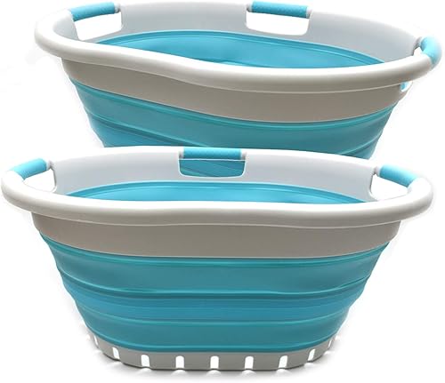 Miniatura 8 de SAMMART Juego de 2 cestas plegables de plástico con 3 asas de 36 litros (9.5 galones), para guardar ropa, organizador plegable (2, grisgris)