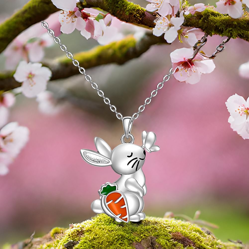 Easter Necklace for Women Sterling Silver Easter Egg Jewelry Pendant Cute Carrot Rabbit Bunny Necklaces Pendant Gifts