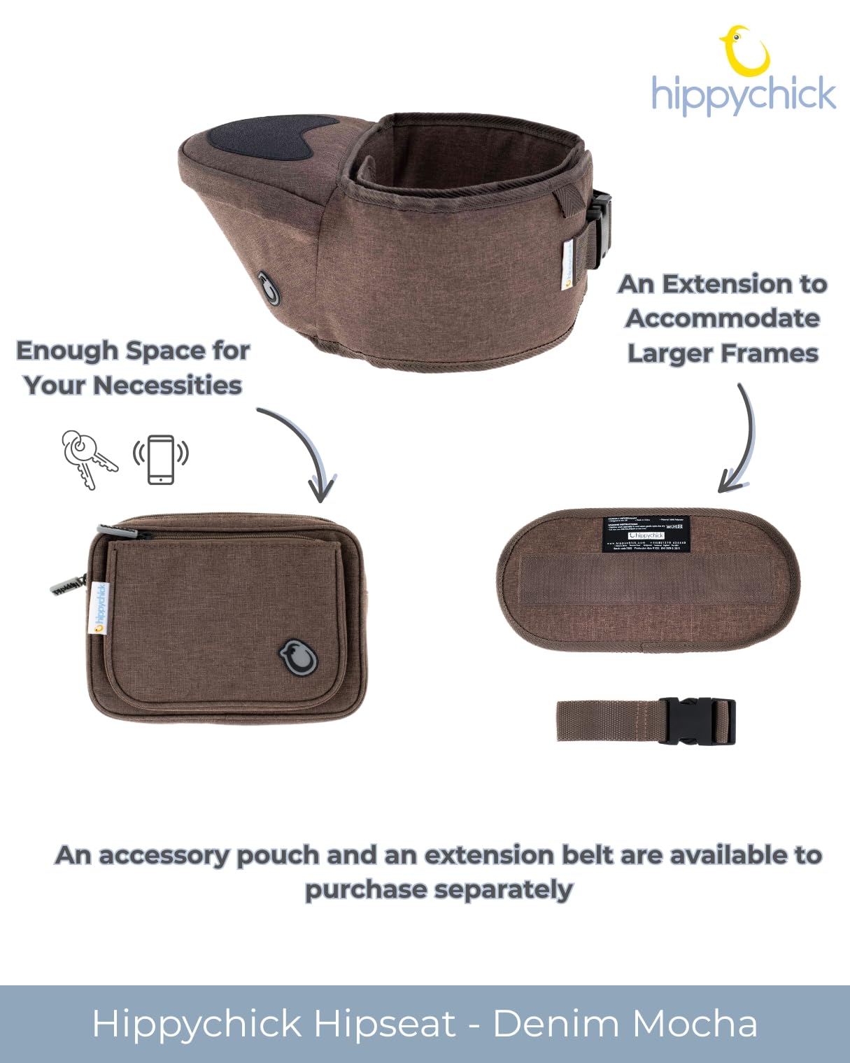 Hippychick Hipseat Babytrage Braun Leichte Rückensparende Unterstützung Taillenhocker Ergonomisches Design Verstellbarer Gurt Geeignet für Säuglinge von 6 Monaten bis 3 Jahren Denim Mokka
