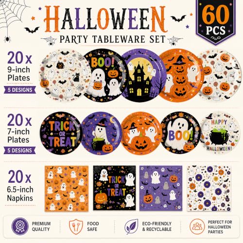 Image of LINHAXM 60 PCS Halloween Plates and Napkins Set, Halloween Party Supplies with Ghost Pumpkin Bat Plates and Napkins for Halloween Birthday Party Decorations