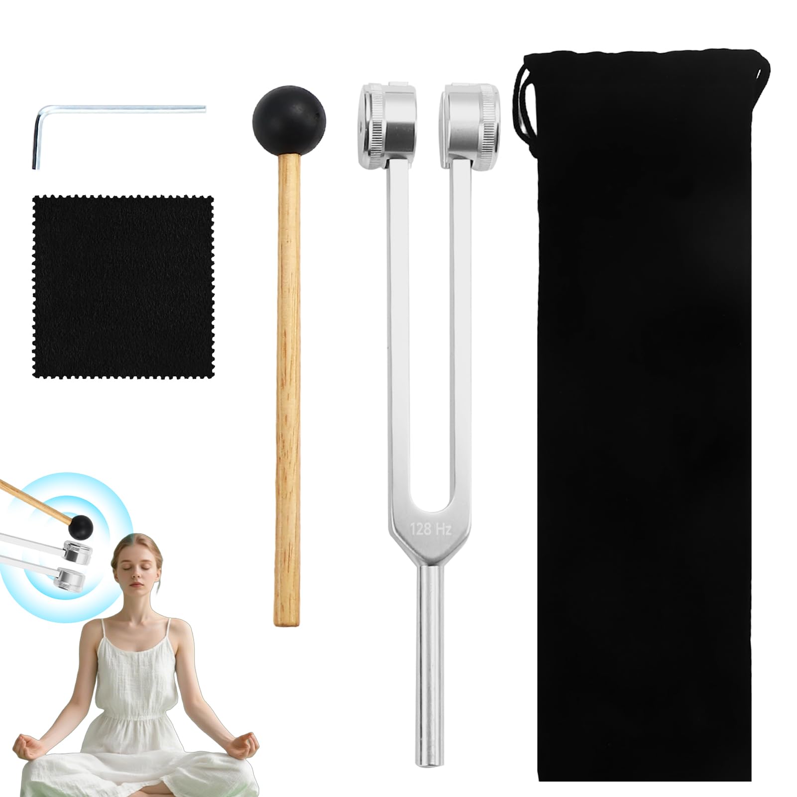 5 Diapasón terapéutico 128 Hz con martillo de silicona, Diapasón vibratorio de aleación de aluminio, kit con bolsa y paño de limpieza para relajación, meditación, equilibrio vibratorio