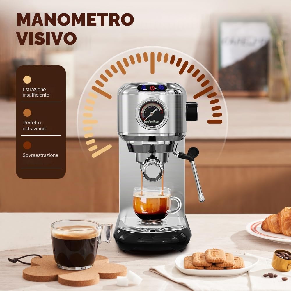 CAFELFFE MK-601 Macchina espresso 20 bar con montalatte e manometro, funzione caldo/freddo, potenza di erogazione rapida 1450 W, macchina 2 in 1, compatibile con caffè macinato e pastiglie ESE da 44