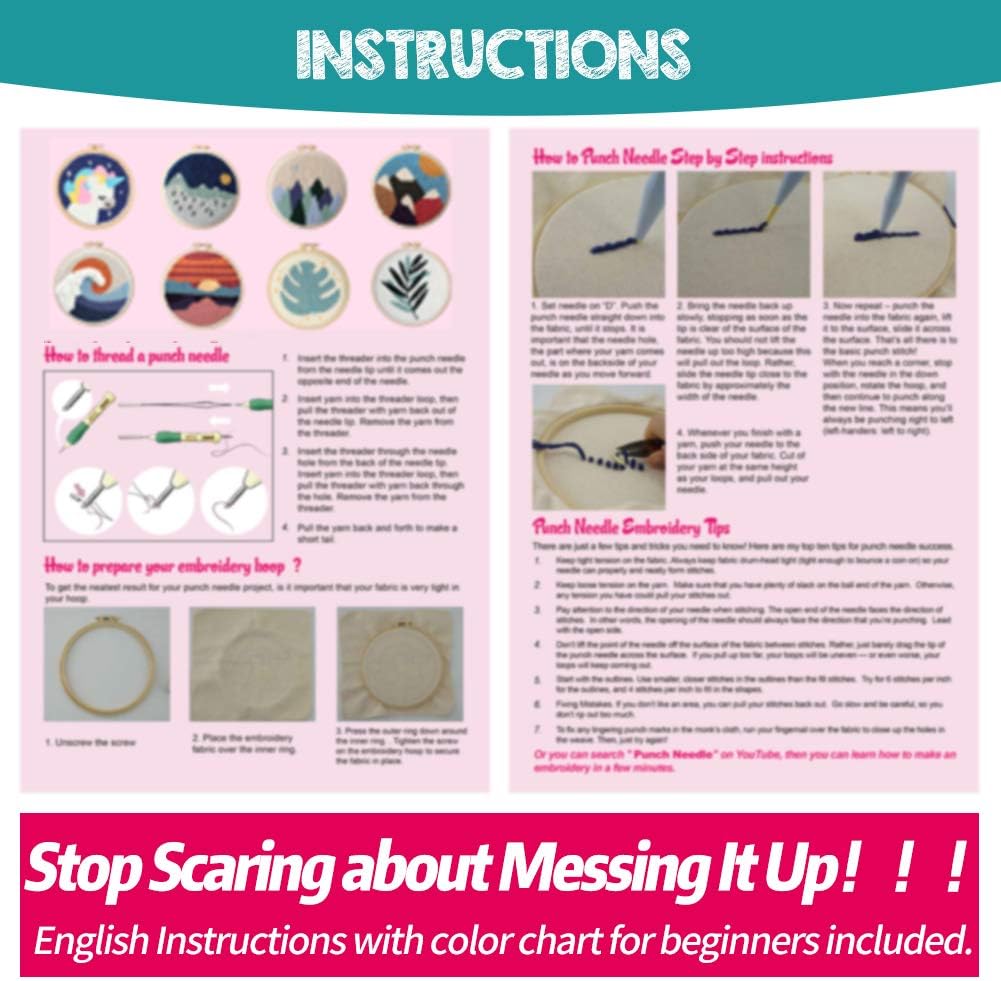 Punch Needle Embroidery Starter Kits Punch Needle Tool Threader Fabric Embroidery Hoop Yarn Rug Punch Needle