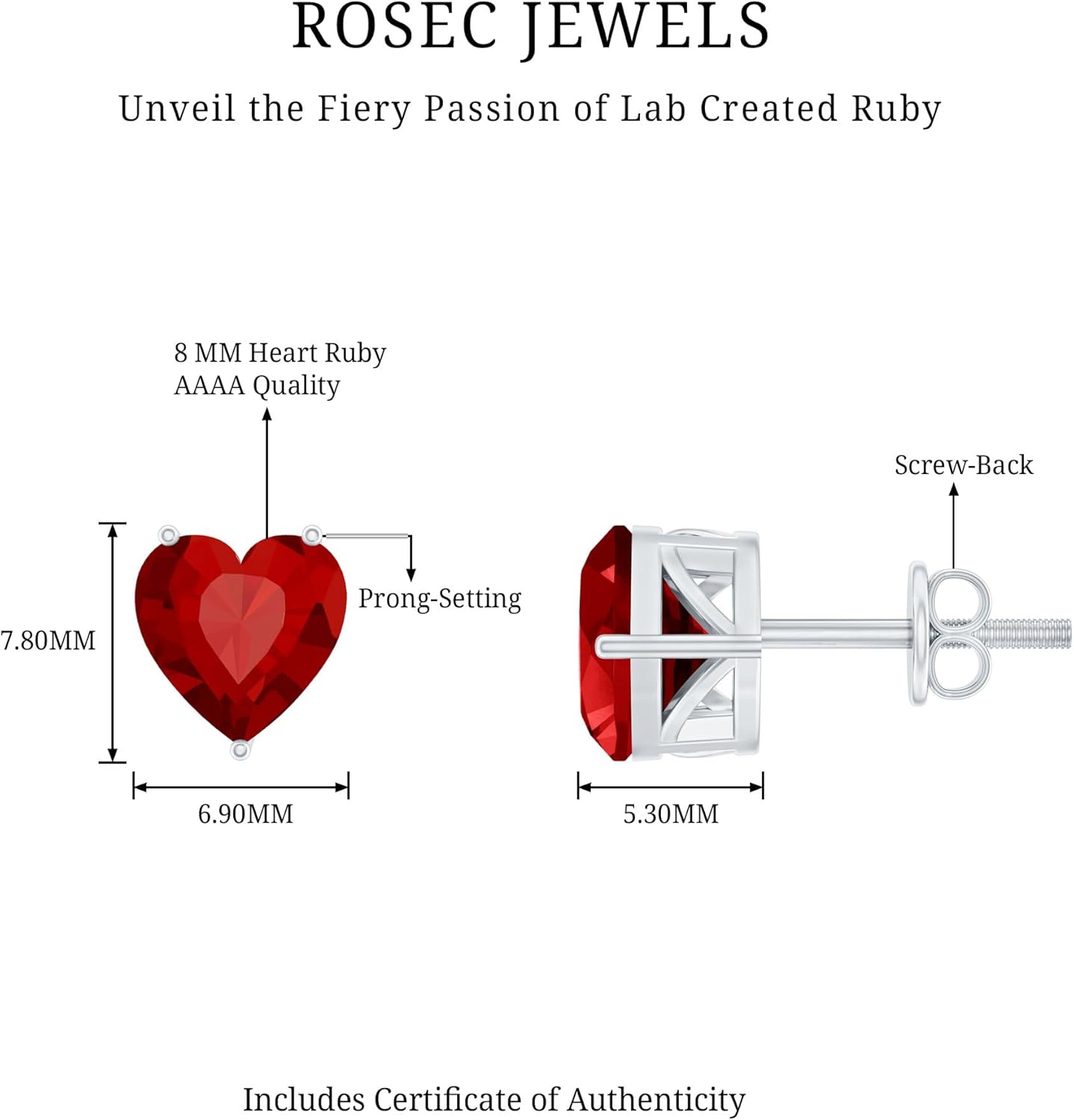Certified 4 Carat Lab Grown Ruby Stud Earrings in Silver, Aaaa Quality, Ruby Heart Earrings - Romantic Gift For Her - Image 5