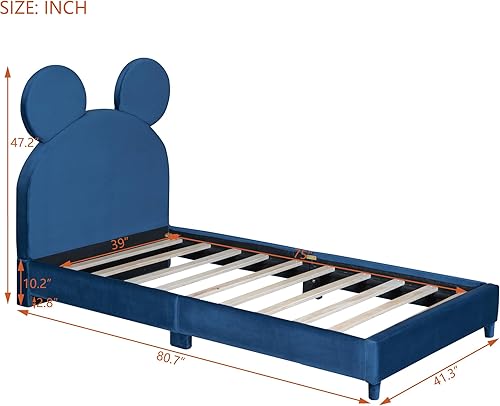 Miniatura 2 de Cama de plataforma de tamaño individual con cabecera en forma de oreja de oso, base de cama individual tapizada en terciopelo con soporte de