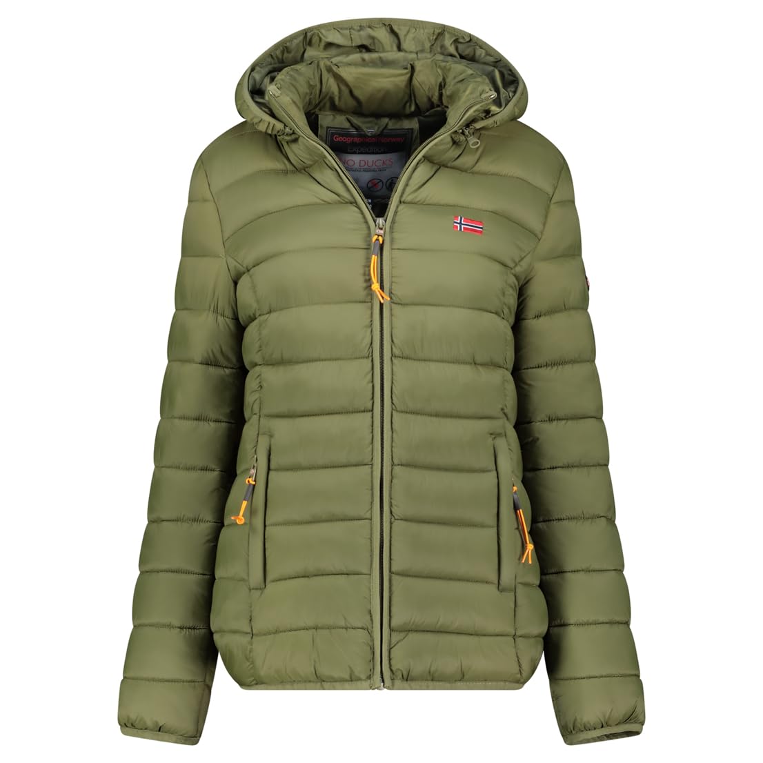 Geographical Norway Atikolor Hood - Chaqueta ligera para mujer con capucha - Chaqueta acolchada cálida mediada - Estilo urbano - Bolsillos con cremallera - insignia y bandera bordada - Corte femenino