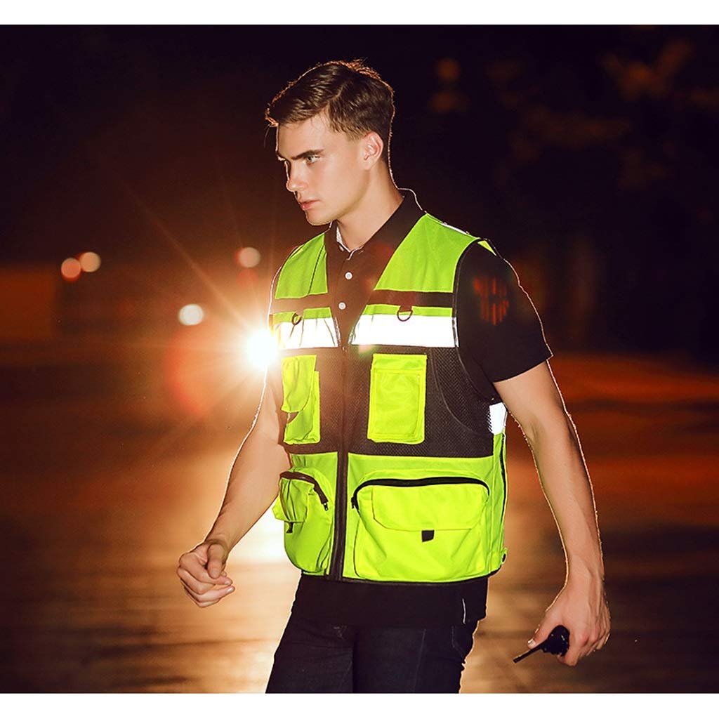 Kamizelka odblaskowa dla mężczyzn, kamizelka odblaskowa Kamizelka ostrzegawcza z wieloma kieszeniami Jersey Nocna kamizelka odblaskowa (fluorescencyjny żółty, M)