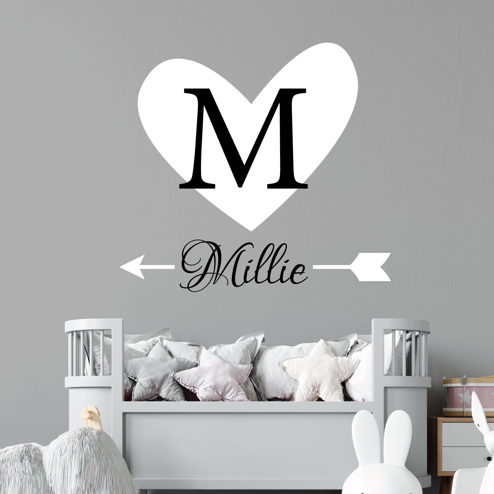 Heart & Arrow - Personalised Name, Initial Letter, Children Nursery Bedroom Decal Wall Sticker [Medium] [White]