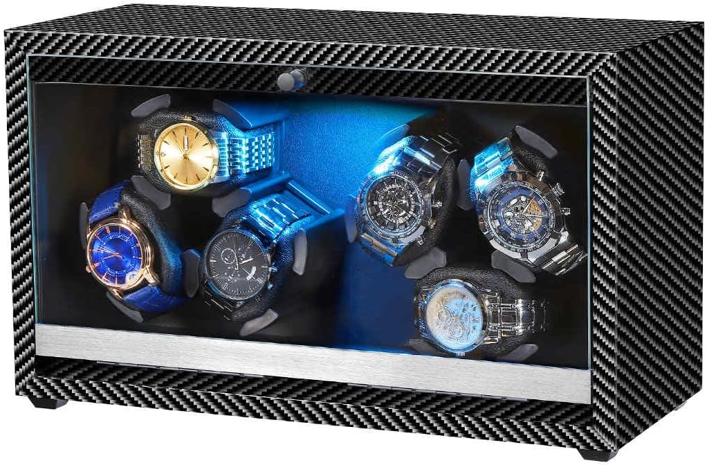 Watch Winder 6 with LED and Super Quiet Motor 4 Rotating Modes, Wooden Watch Storage Case Watch Shaker with USB Cable Gift (Black Carbon Fiber)