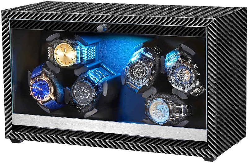 GLOKUUCA Watch Winder 6 with LED and Super Quiet Motor,Black Carbon Fiber | 4 Rotating Modes, Wooden Watch Storage Case Watch Shaker with USB Cable Gift