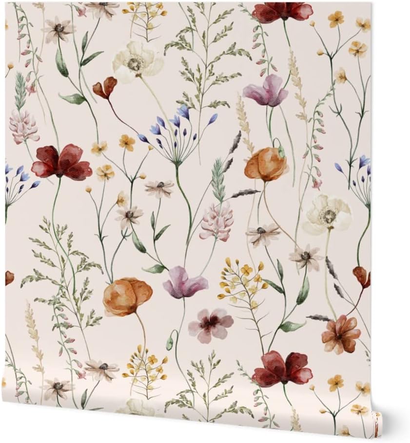 Spoonflower Peel & Stick Wallpaper 6ft x 2ft - Wildflowers Meadow Blush Vintage Flower Botanical Custom Removable Wallpaper
