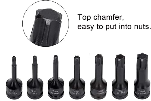 Miniatura 5 de HELAKLS 7-Piece 38 Inch Drive T20-T60 Torx Star Driver Bit Socket Set Cr-Mo Construcción de una sola pieza Aire Impact Socket Herramientas de mano