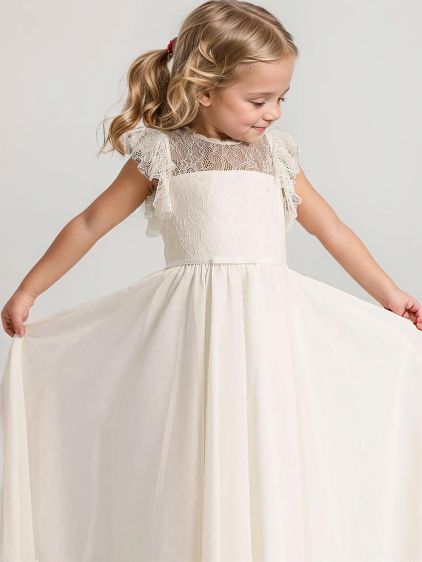 Boho Longue robe en dentelle pour enfants Robe en mousseline de soie avec ceinture et manches courtes papillonsChic Aligne Robes de communion Robes de demoiselle d'honneur Robes de demoiselle