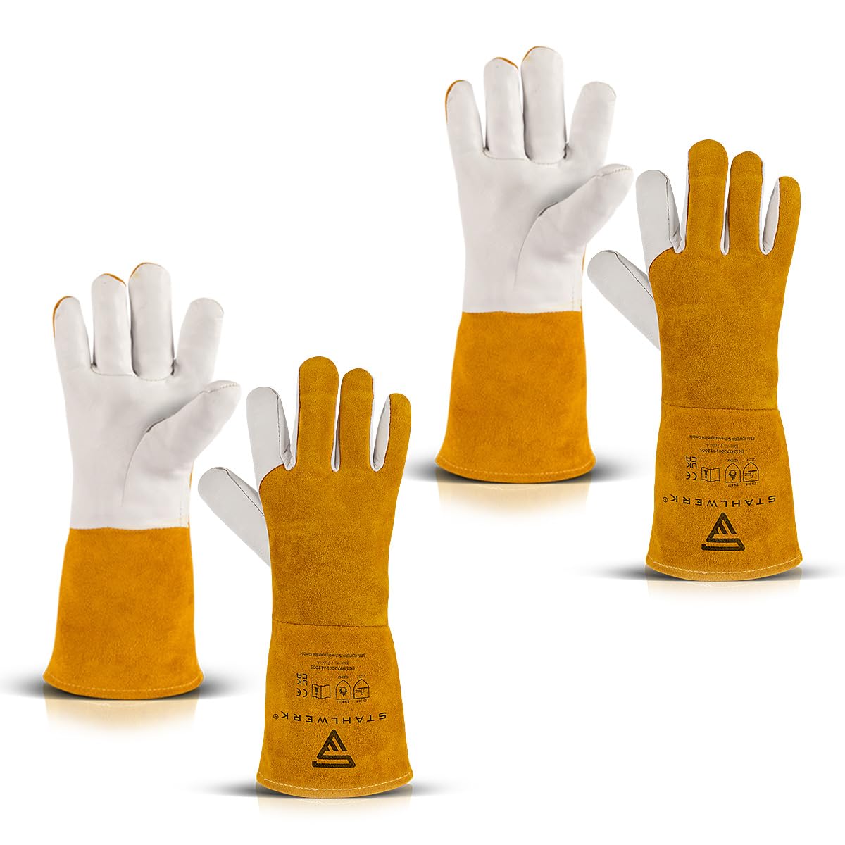 STAHLWERK Schweißerhandschuhe aus Rindspaltleder 2 Paar – Hitze- und feuerbeständige Schweißhandschuhe für WIG, MIG/MAG, MMA, Plasma mit Unterarmschutz, Nahtloser Daumen-Übergang, Einheitsgröße (34cm)