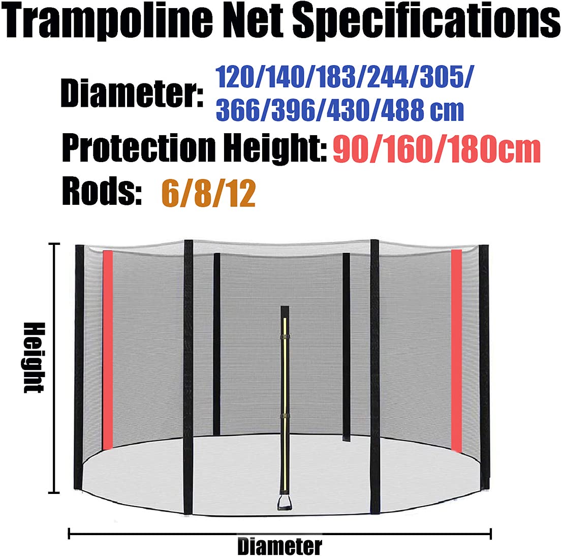 Rete Ricambio Trampolino, Rete Tappeto Elastico, Ø 140 183 244 305 366 488cm Adatto per 6/8 Pali, Rete di Ricambio Jumping, Resistente agli UV