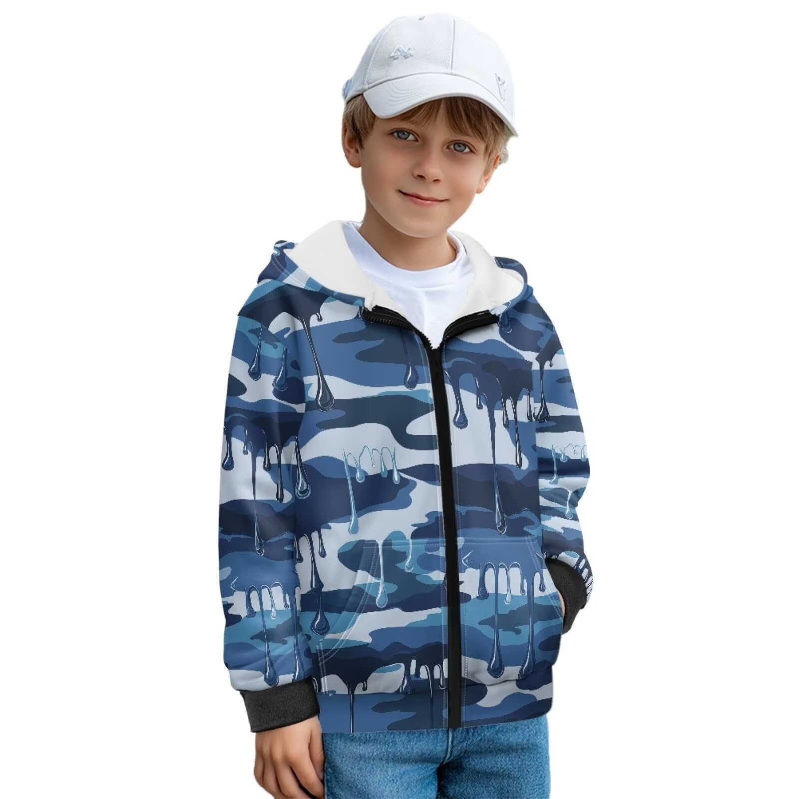 Xoenoiee Dziecięce bluzy z kapturem dla chłopców, zapinana na zamek, bluza 3D, fajna grafika zwierzęca, sweter z długim rękawem, top na jesień i zimę, Niebieski kamuflaż, 12-14 Years