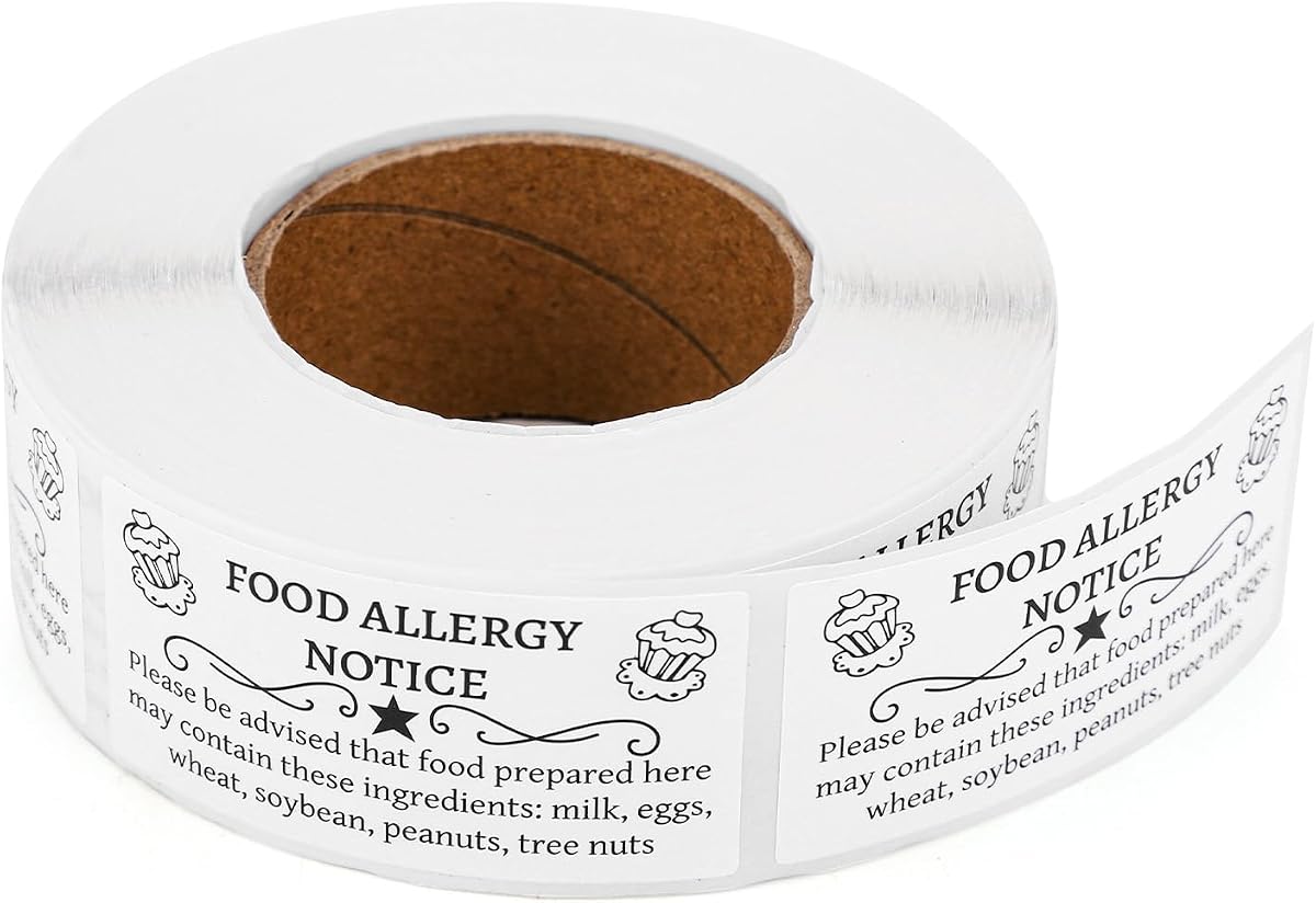 500 etiquetas adhesivas de la ley alimentaria casera, adhesivo de 1,97x0,98 pulgadas/5 x 2,5 cm | La inspección de etiquetas de alergias alimentarias de panadería contiene pegatinas de ingredientes alérgenos de nueces, para hornear productos horneados caseros