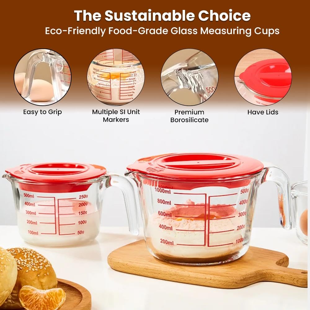 Home & Treat 6 Copas Medidoras de Cristal de Medición con 3 Tapas, Capacidad y Escala, 1 Taza/250 ml, 2 Tazas/500 ml, 4 Tazas/1000 ml, Jarras Medidoras Transparentes con Tapa y Asa para Cocina