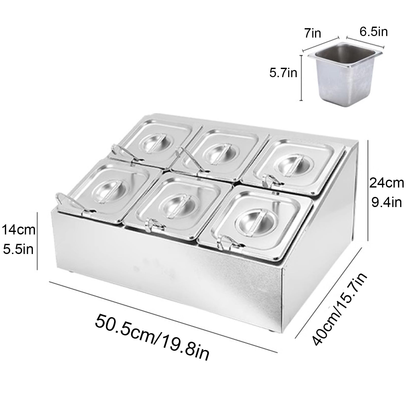 Stazione per pizza con padelle e coperchi, dispenser inclinato in acciaio inox per spezie, condimenti, salse, marmellate, frutta, ingredienti (45663 Dual 6)