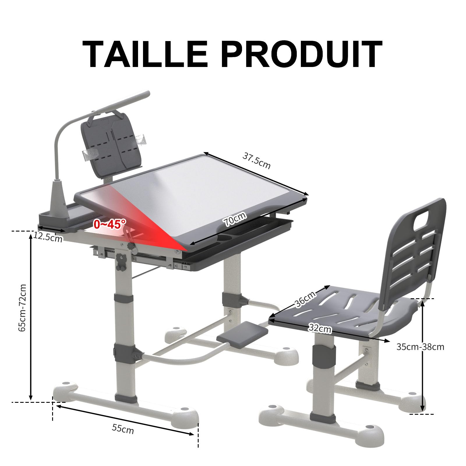 Ensemble Bureau et Chaise pour Enfants 3 à 12 Ans Chaise Bureau Enfant Fonctionnelle Hauteur Réglable Plateau Inclinable à 45° Lampe Led Support de Lecture Boîte à Stylos Tiroir et Porte-gobelet, Gris