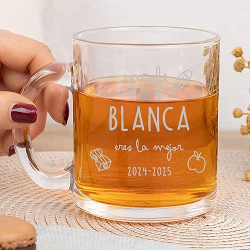 Wanapix | Taza De Cristal Grabada Personalizada | 325Cl. | Grabado Láser Sin Color | Regalo Original Para Profesores | Personalización Nombre | Profe