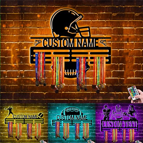 Condlin - Support mural personnalisé en métal avec lumière LED pour médailles de football américain - Pour garçon et homme - Pour amateurs de football (médailles de football)
