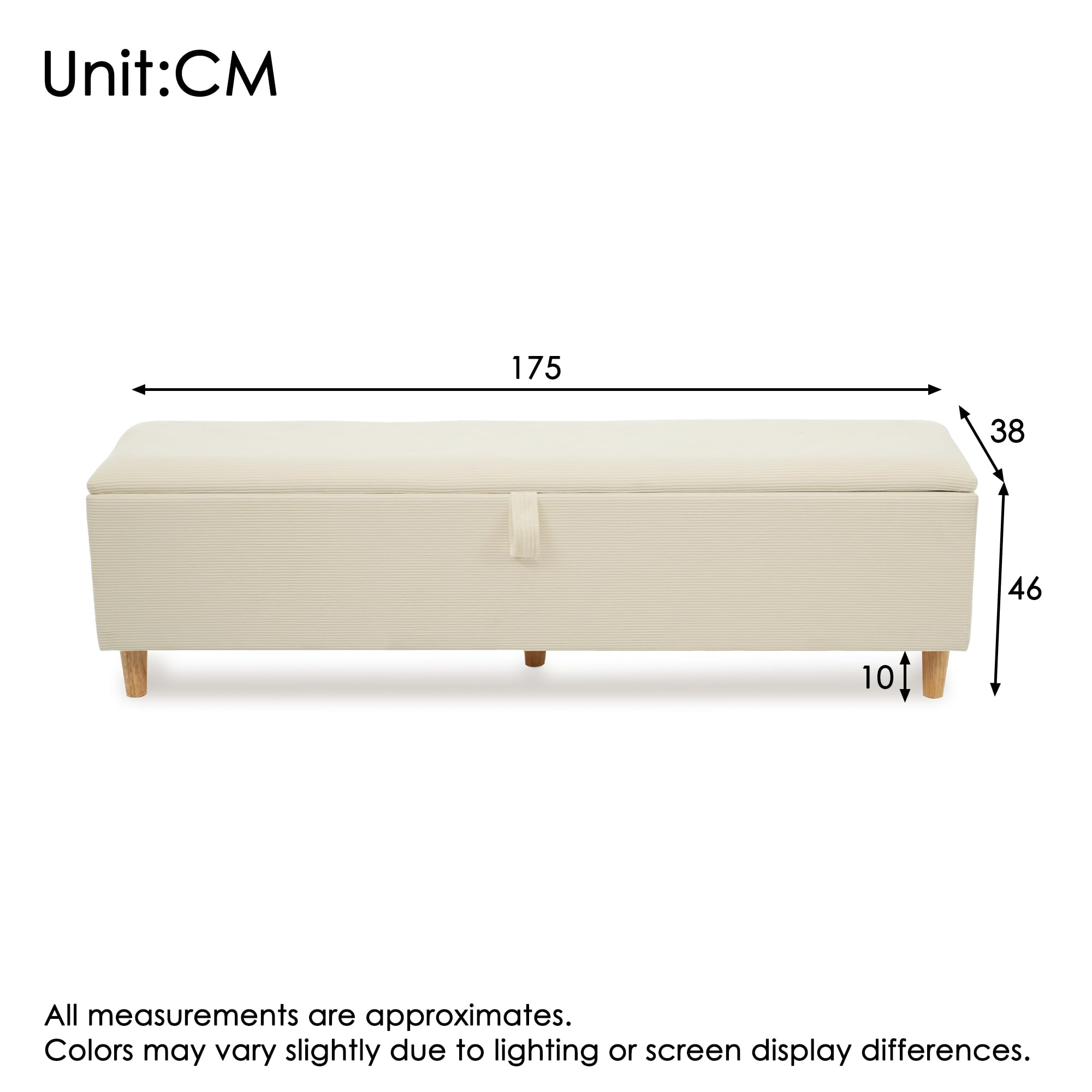 TIZZ Banco de cama de 175 x 38 cm, banco acolchado con almacenamiento hidráulico, caja de almacenamiento, adecuado para dormitorio, salón y pasillo, aspecto de pana beige