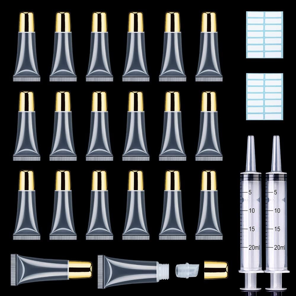 AMORIX 50PCS Lip Gloss Tubes 5ml Gold Cap Lip Gloss Containers Empty Lip Balm Tubes Refillable Squeeze Lipgloss Tubes + 2 x 20ml Syringes Tag Labels for DIY Lip Gloss Base Glitter