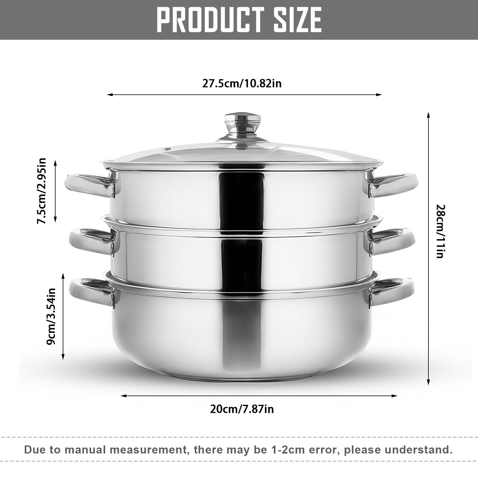 Olla Vaporera 28cm – Cocción al Vapor en Acero Inoxidable de 3 Niveles con Tapa de Vidrio – Para Sopas, Verduras, Pastas y Mariscos – Apt para Inducción y Lavavajillas