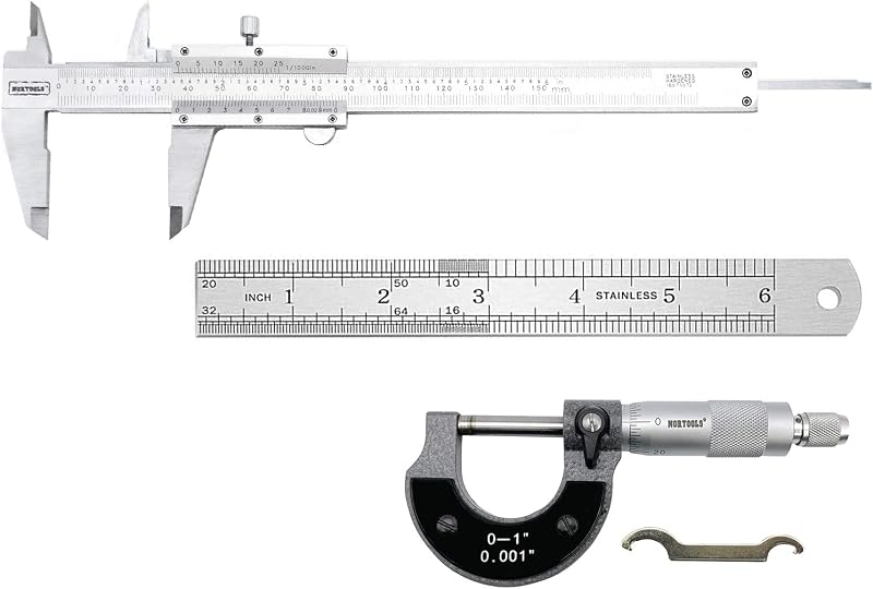 Juego profesional de medición de precisión de 3 piezas: calibrador Vernier, micrómetro y regla de acero | Acero inoxidable de grado industrial | Precisión de ±0,001" para mediciones exteriores/interiores/profundidad/paso