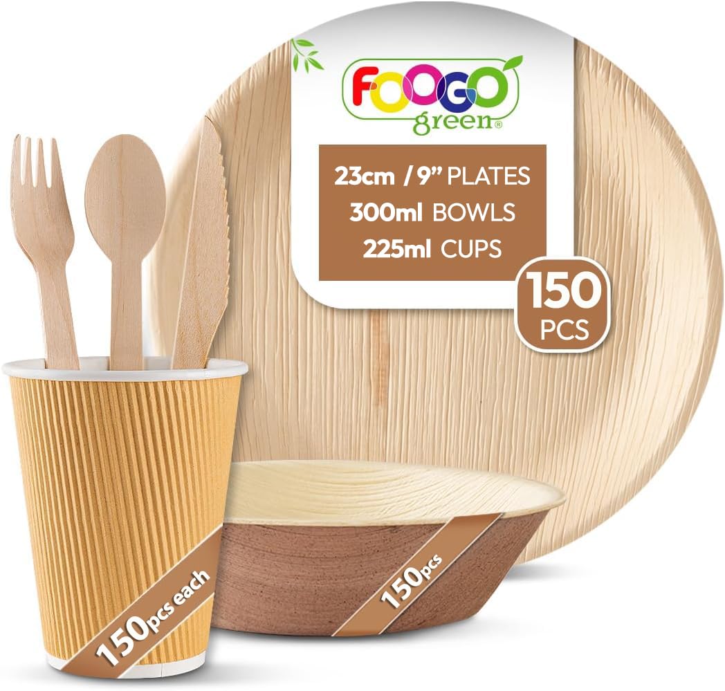 FOOGO Green 900pcs Disposable Palm Leaf Plates, Bowls and Utensils Set, FSC® Certified, Eco Friendly — image 1