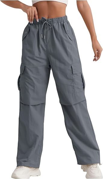 Cargo Pants Women Fall Quick Dry Hiking Pants High Waisted Drawstring Wide Leg Pant Light Parachute Pant
