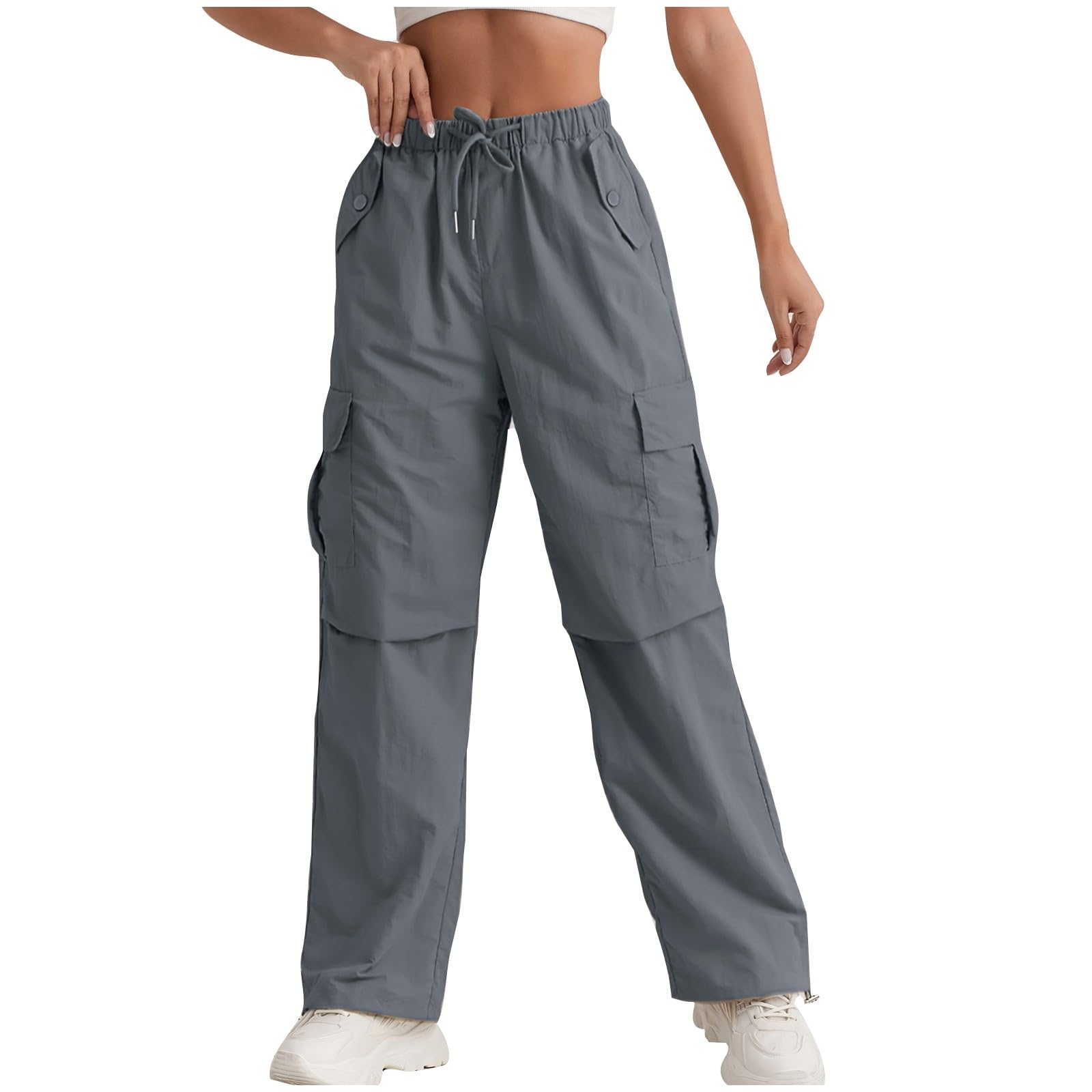 Baggy Cargo Pants Women Elastic Waist Drawstring Hiking Pants Waterproof Lightweight Camping Travel Pant with Pockets Relaxed Fit Straight Leg Comfy Camo Tactical Summer Trousers 2025 Streetwear