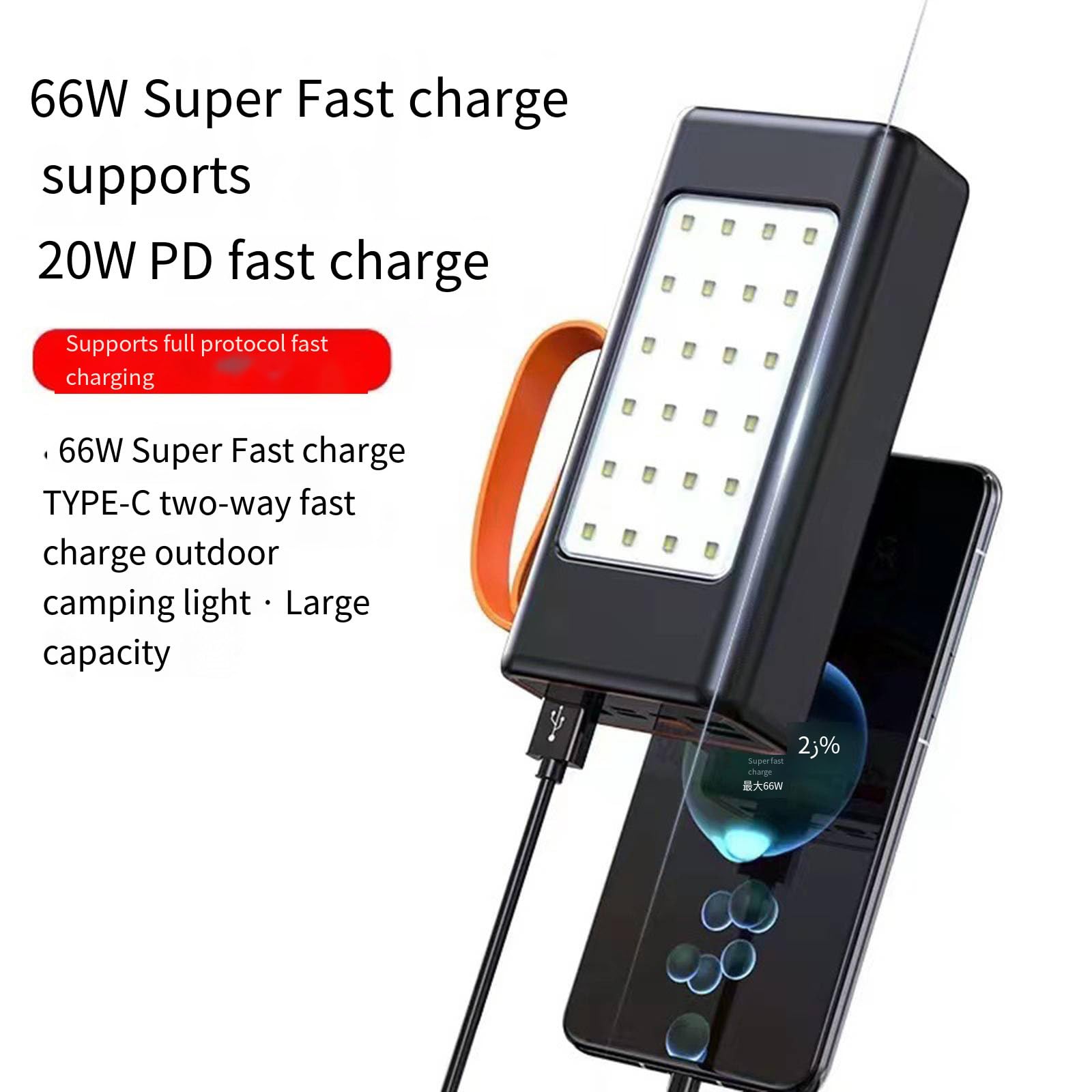 Duża pojemność 66W Szybkie ładowanie + Pd20W Przenośny zewnętrzny powerbank do telefonu komórkowego z oświetleniem,Black-30000mAh