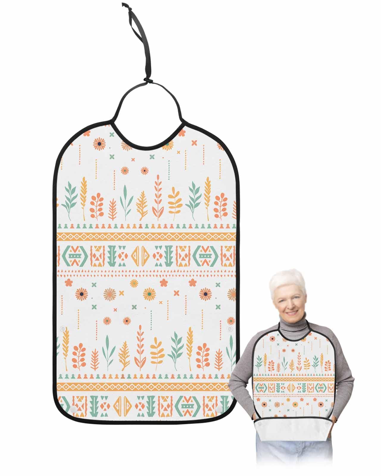 LEOKOTI Orange Teal Botanical Adult Bibs for Eating, Waterproof Bibs with Food Catcher & Adjustable Snap Closure, Boho Ethnic Geometric Abstract Washable Clothing Protectors Adult Bibs for Elderly