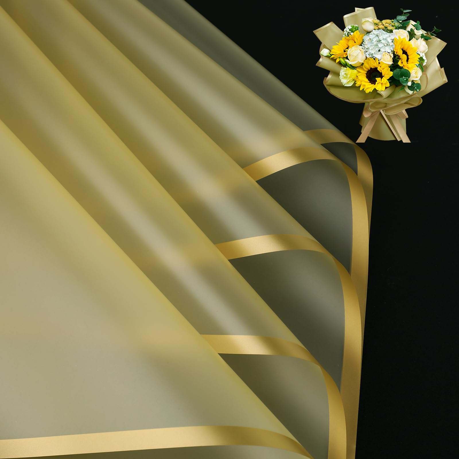Ktxaby 20 Sheets Flower Bouquet Wrapping Paper, Waterproof Flower Wrapping Paper Floral Paper for Wedding Birthdays Party Decoration Gift Wrap DIY Arts Crafts 56 x 56 cm (Gold & Gold Edge)
