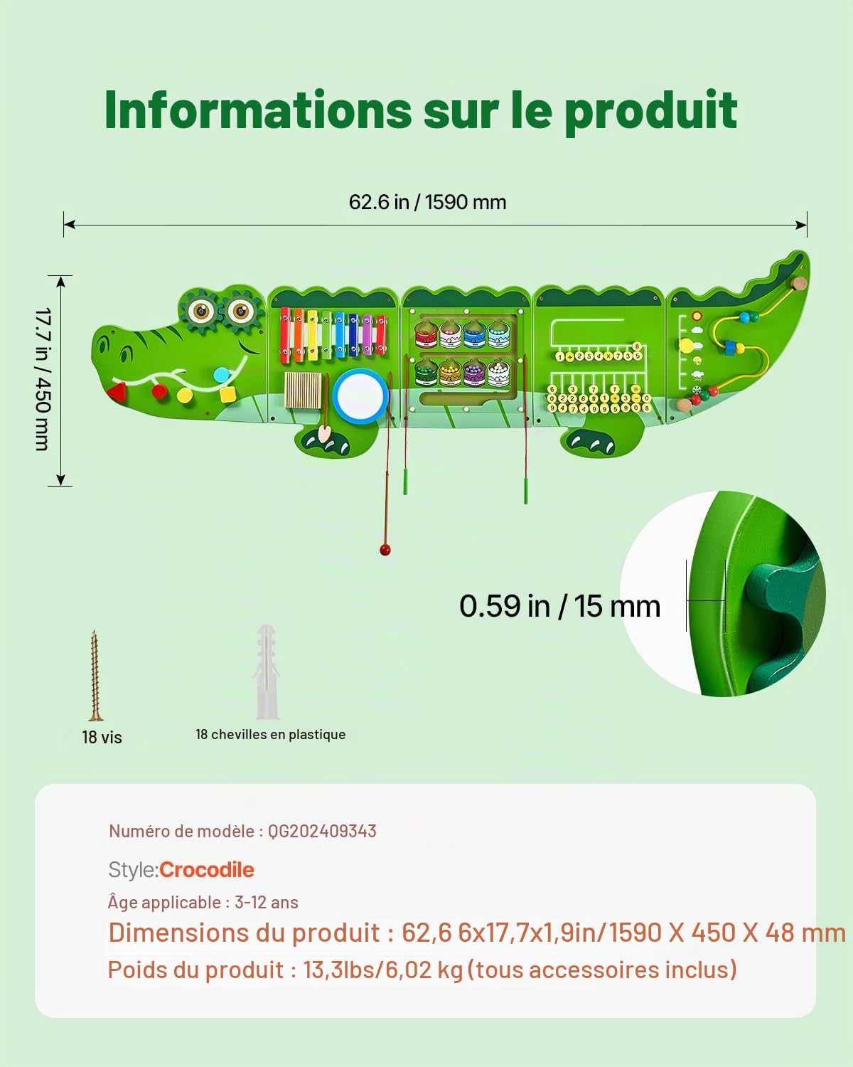 VEVOR Panneau Mural Sensoriel Crocodile pour Enfants, Tableau d'Activités Montessori avec 9 Jeux, Jouet Éducatif Interactif pour Enfants de 3 à 12 Ans, Crèche, Garderie, Maternelle, Salle de Jeux