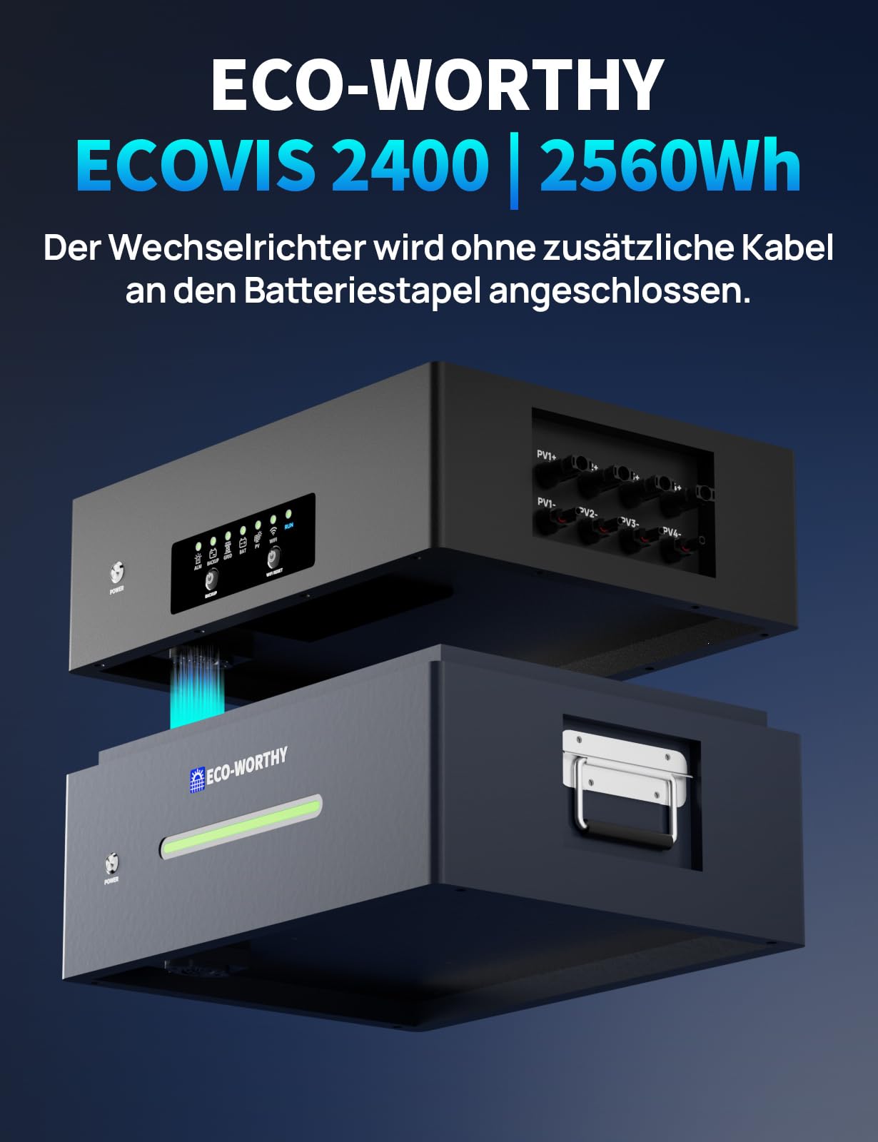ECO-WORTHY ECOVIS 2400 2560 Wh balkonowa elektrownia pamięć 2400 W (2 MPPT), wejście solarne do 15,36 kWh, możliwość rozszerzenia pojemności, ładowanie 1600 W AC, wyjście 800 W, tryb podwójny
