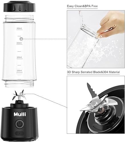 Miniatura 2 de Mulli Licuadora portátil, mezclador personal recargable por USB para batidos y batidos, mini licuadora con seis cuchillas para comida de bebé,
