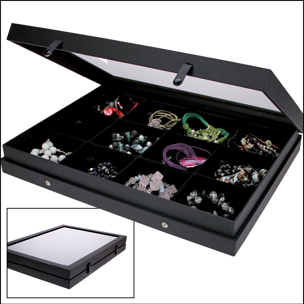 Safe 5675 Sammel Vitrine Black Edition mit Echtglasabdeckung und 12 Fächern | mattschwarzen Leinenstruktur-Oberfläche I Legofiguren, Mineralien oder Schmuck | 40 x 30 x 5,5 cm