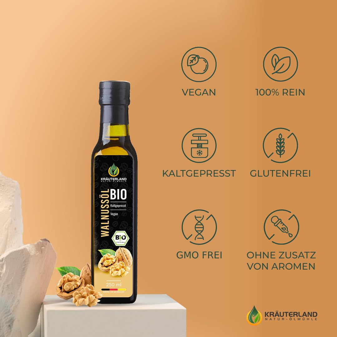 Kräuterland Bio Walnussöl 2X250ml (500ml), Bio Walnusskern, kaltgepresst, naturrein ohne Zusatzstoffe, Vegan & GVO-frei, Premium Qualität
