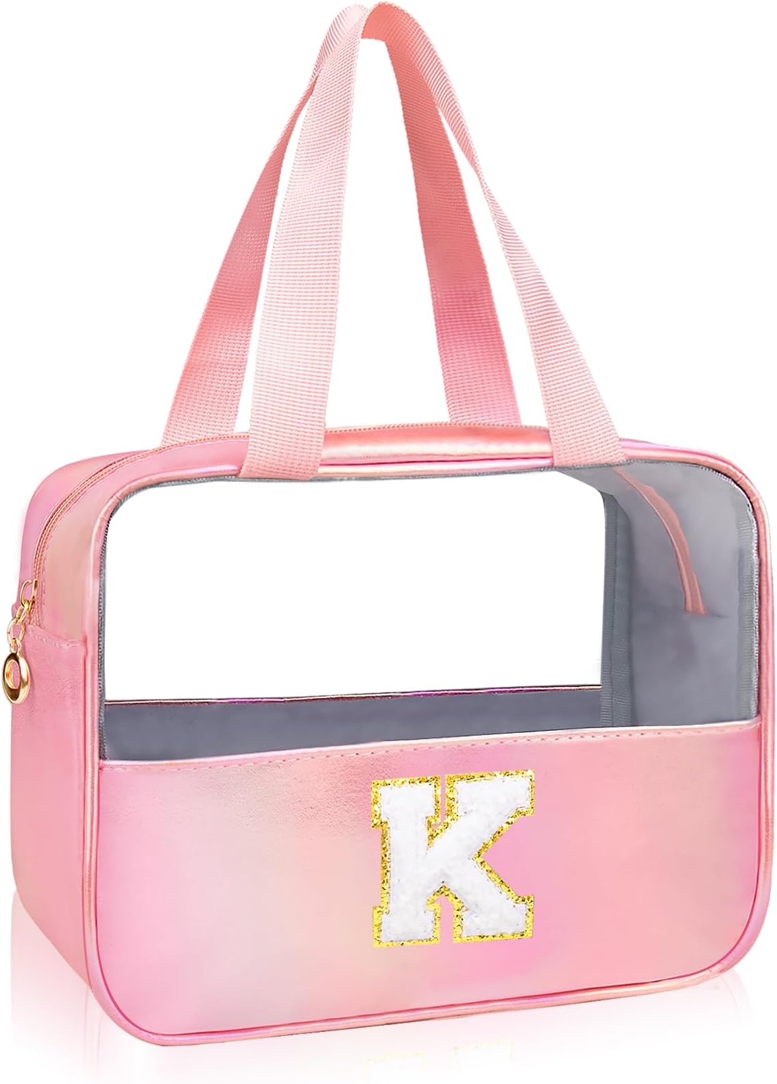 Personalized Initial Clear Makeup Bag Pink Cosmetic Bag Set Large Travel Toiletry Bag, Cute Clear Make Up Bags Organizer Bag for Girlfriend Teacher Gifts Teen Girl Gifts Trendy Stuff K (Pink)